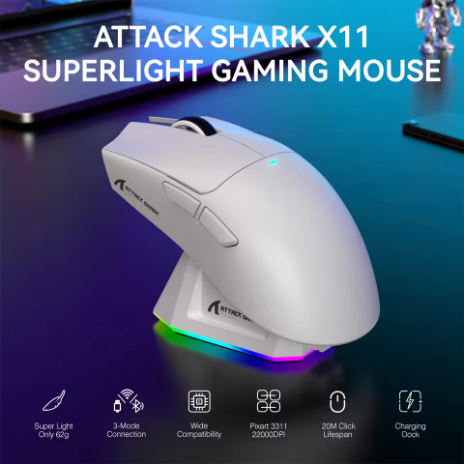ATTACK SHARK X11 輕量級無線遊戲滑鼠，配備 RGB 背光和充電功能，最高 22,000 DPI，PAW3311 光學感應器和 HUYU 微動開關