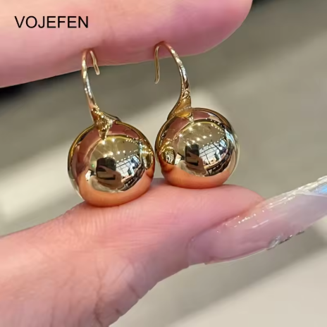VOJEFEN 18K純金大球吊墜耳環，時尚女士珠寶，真金耳環，垂墜耳環