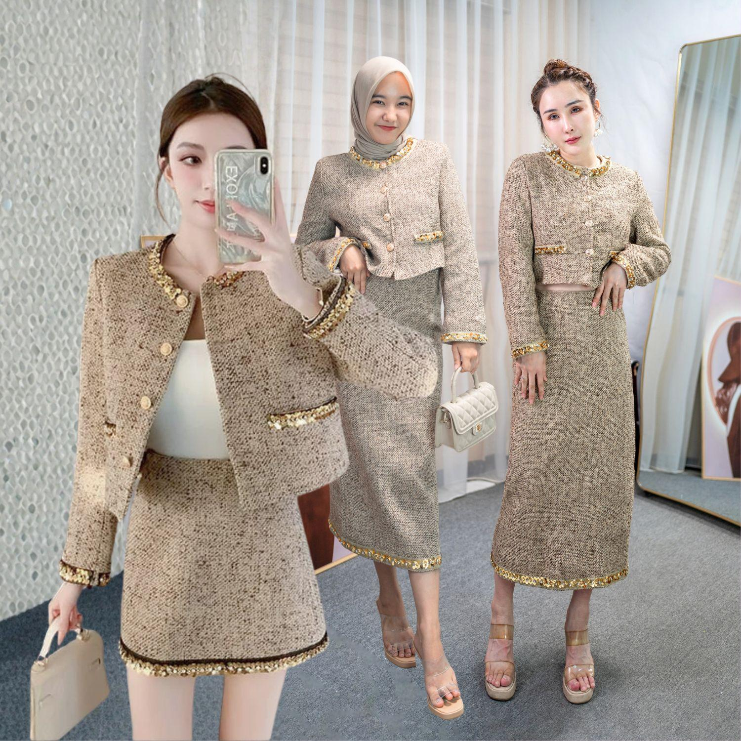 FOLADY - P203 One set blazer style Korea dengan lengan panjang dan full kancing gold yang memberi kesan elegan dan mewah. Cocok dipakai remaja maupun dewasa, membuat tampilan lebih rapi, modis, dan st