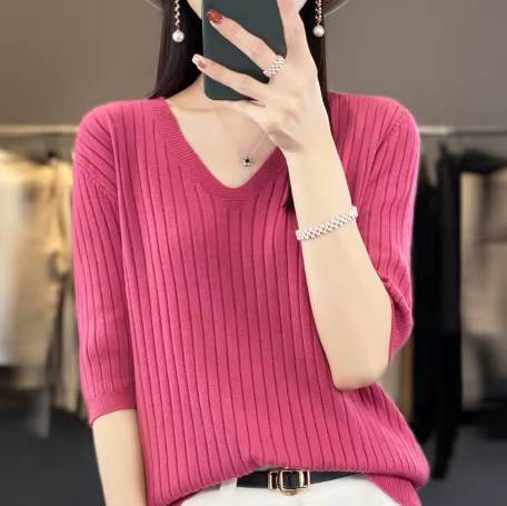 春夏女式毛衣，針織短袖V領上衣，韓國版風格，休閒套頭衫，條紋打底衫，修身款